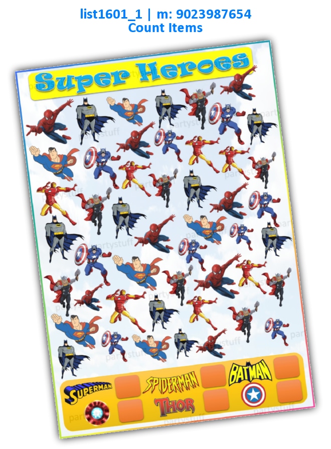 Super Heroes Count Items | Printed list1601_1 Printed Paper Games