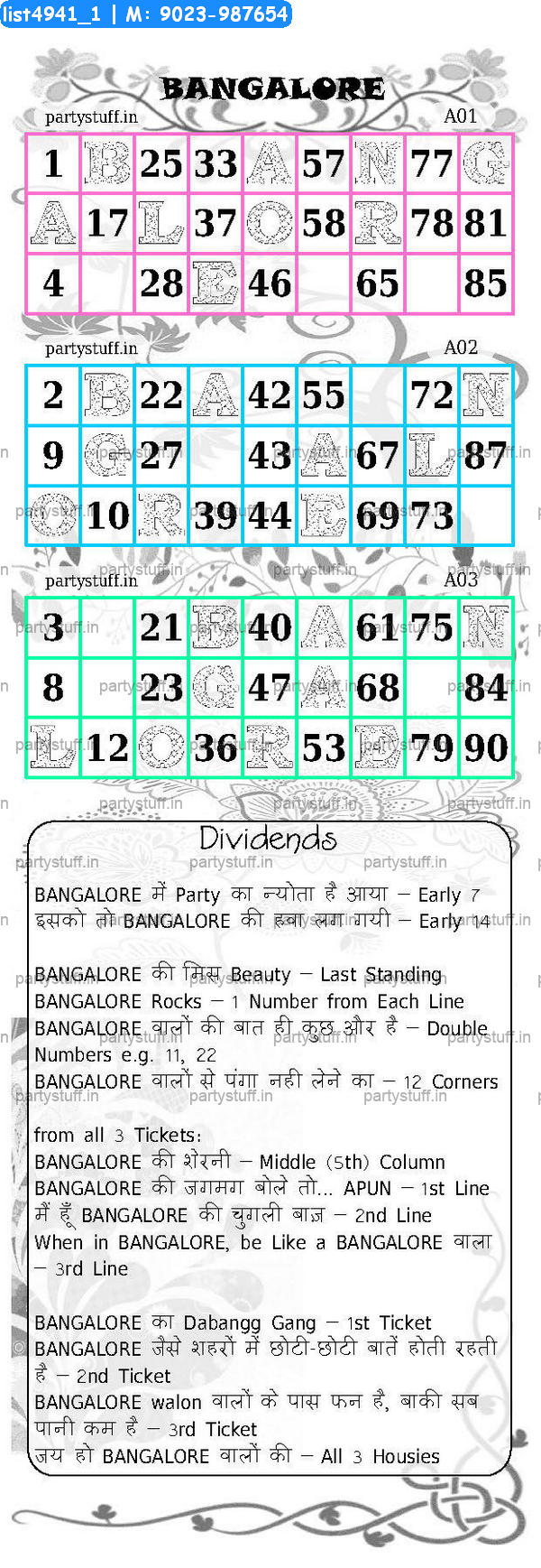 BANGALORE City Triplet Classic Grids Dividend