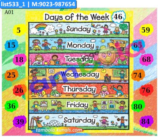 Weekdays Diet Chart Tambola Housie in Week Days theme