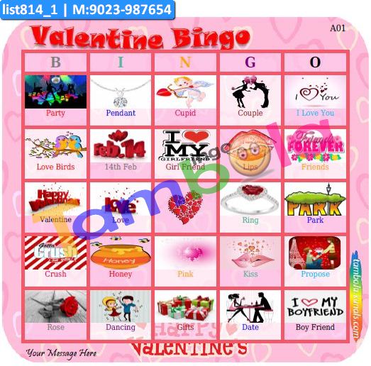 Valentine Images Names Bingo Cards