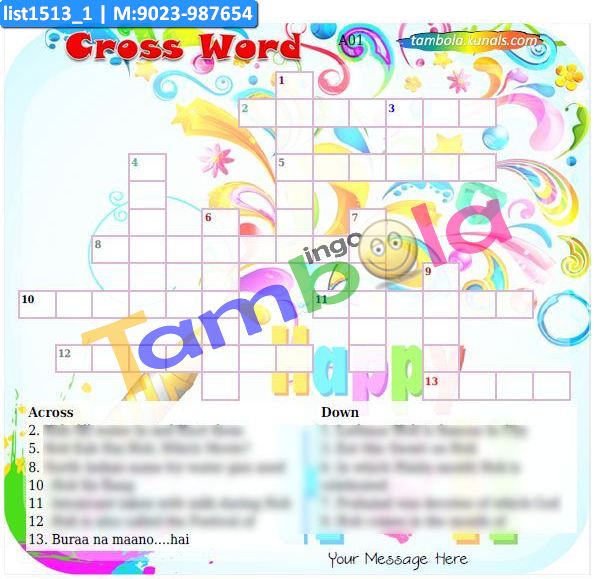 Holi Crossword Puzzle Paper Games in Holi theme