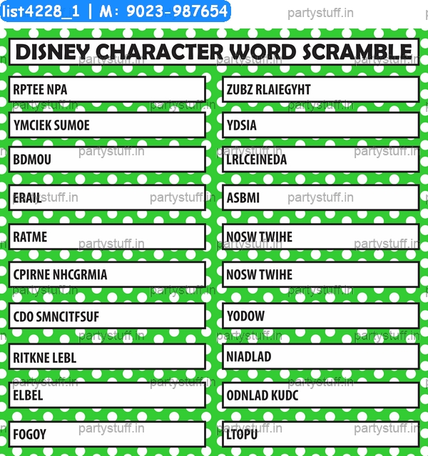 Disney Character Word Jumble Paper Games in Cartoon theme