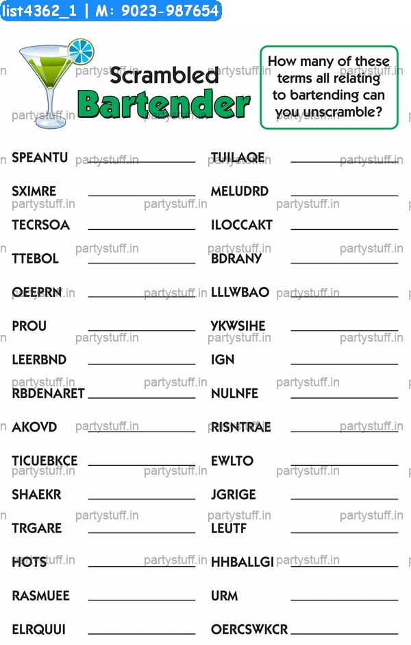 Unjumble Scrambled Bartender Paper Games in Drinks theme