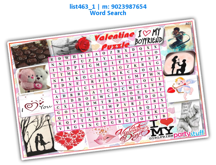Valentine Word Search list463_1 Printed Paper Games