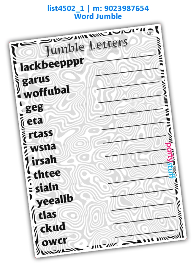 Black White Jumble Letters | Printed list4502_1 Printed Paper Games
