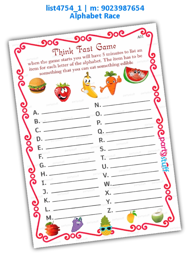 Write eatable from alphabets | Printed list4754_1 Printed Paper Games