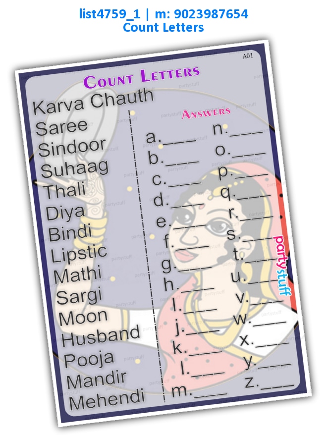 Karwachauth count alphabets | Printed list4759_1 Printed Paper Games