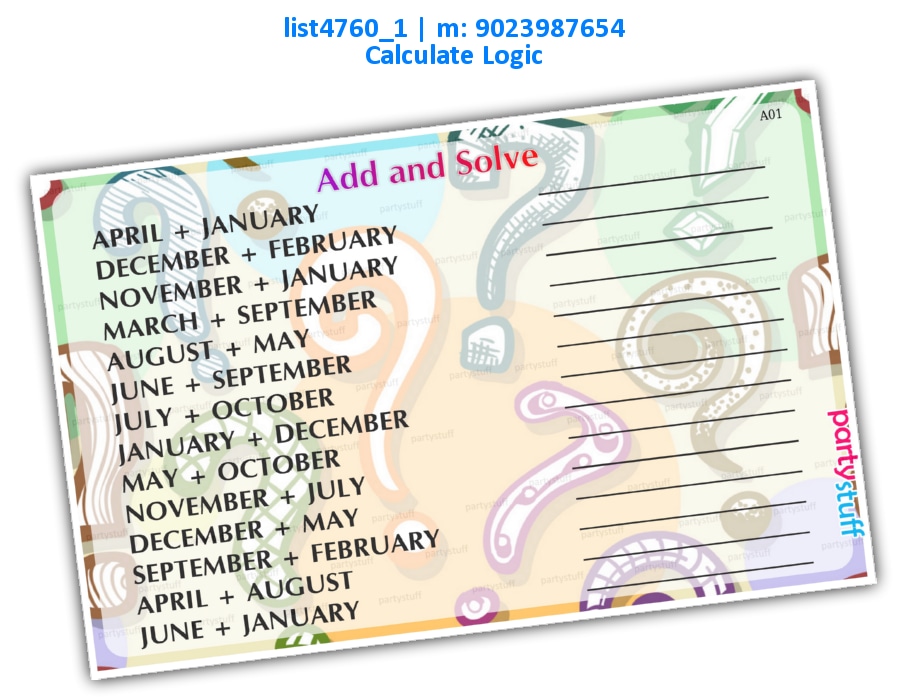 Month add and solve | Printed list4760_1 Printed Paper Games