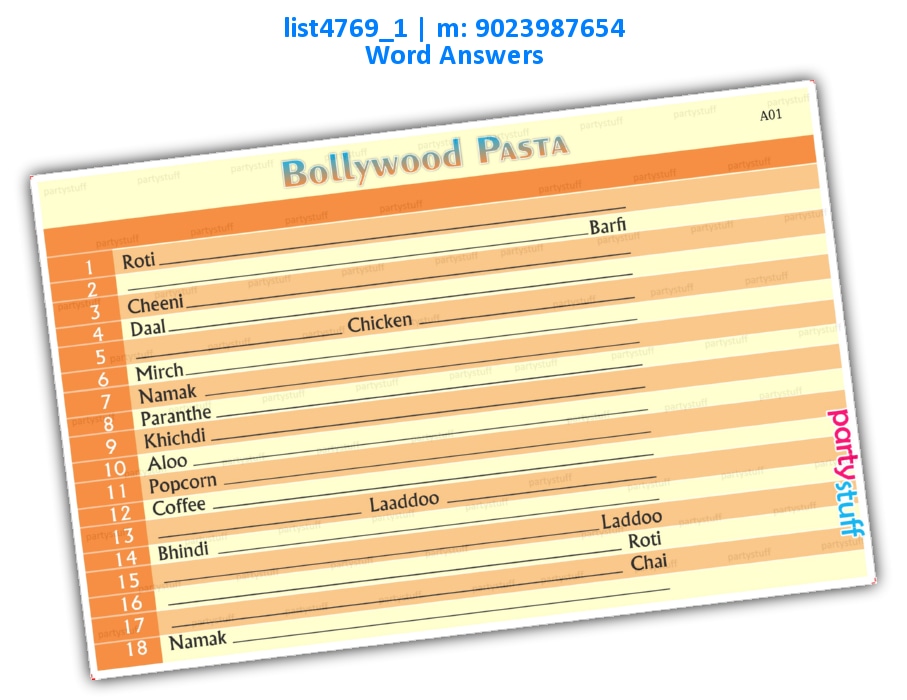 Bollywood Pasta | Printed list4769_1 Printed Paper Games
