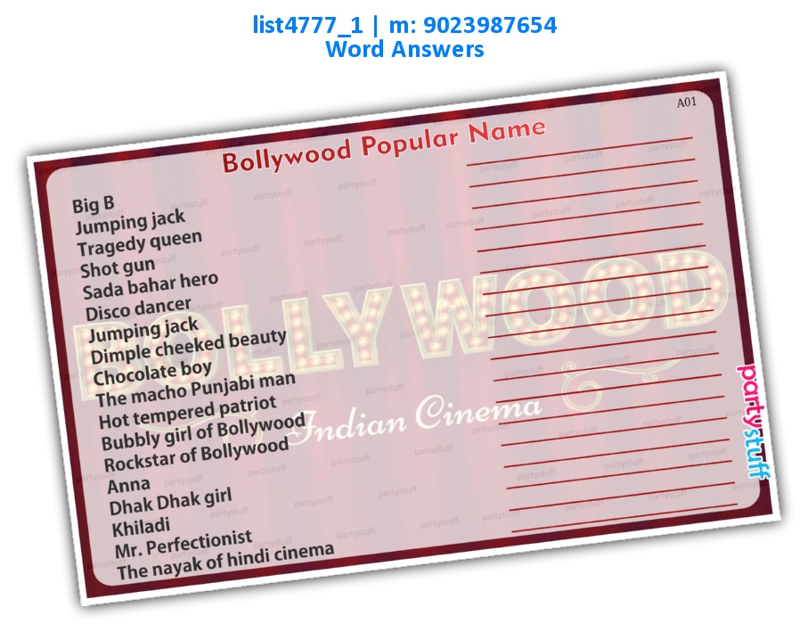 Bollywood Celebrity name guess | Printed list4777_1 Printed Paper Games