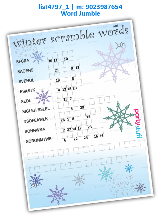 Winter word scramble list4797_1 Printed Paper Games