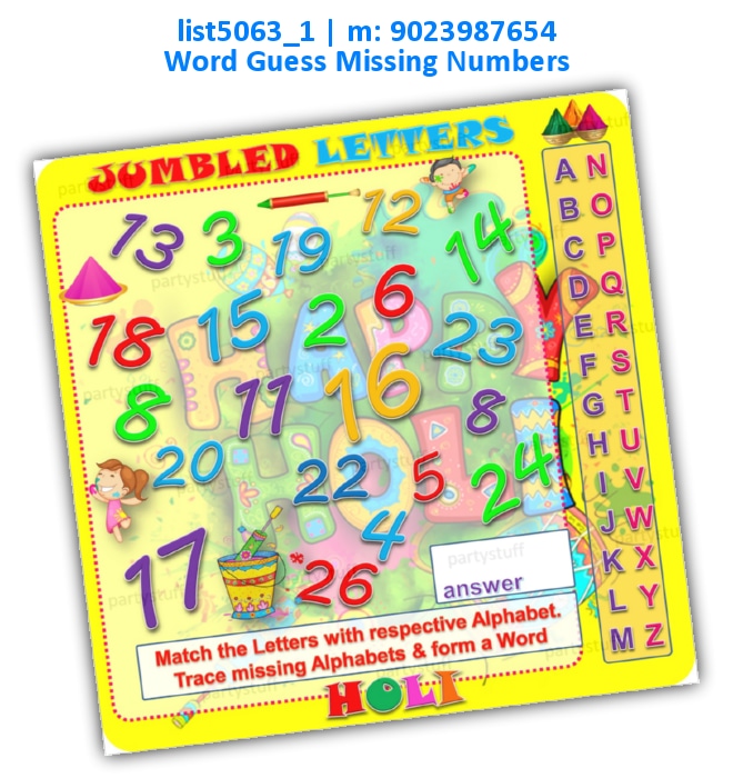 Holi Word Guess Missing numbers | Printed list5063_1 Printed Paper Games