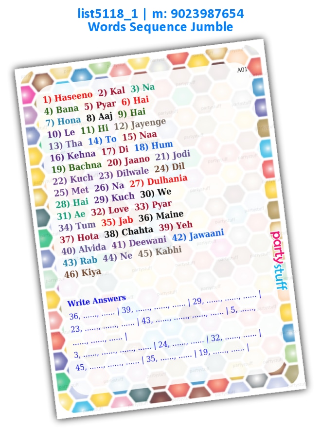Movies Find Sequence Unjumble list5118_1 Printed Paper Games