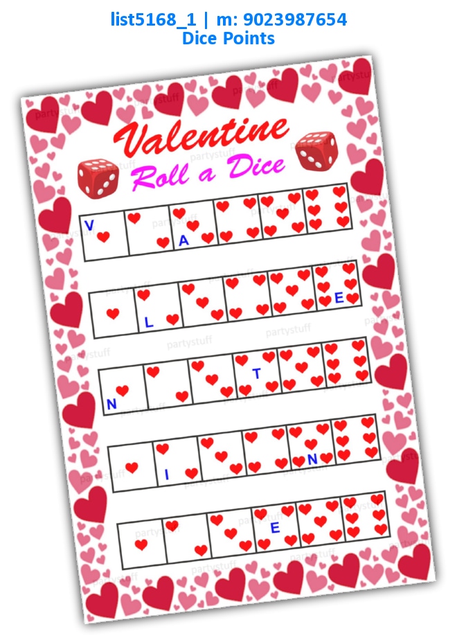Valentine Roll Dice Points list5168_1 Printed Activities