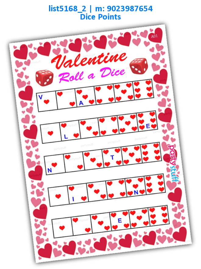 Valentine Roll Dice Points list5168_2 Printed Activities