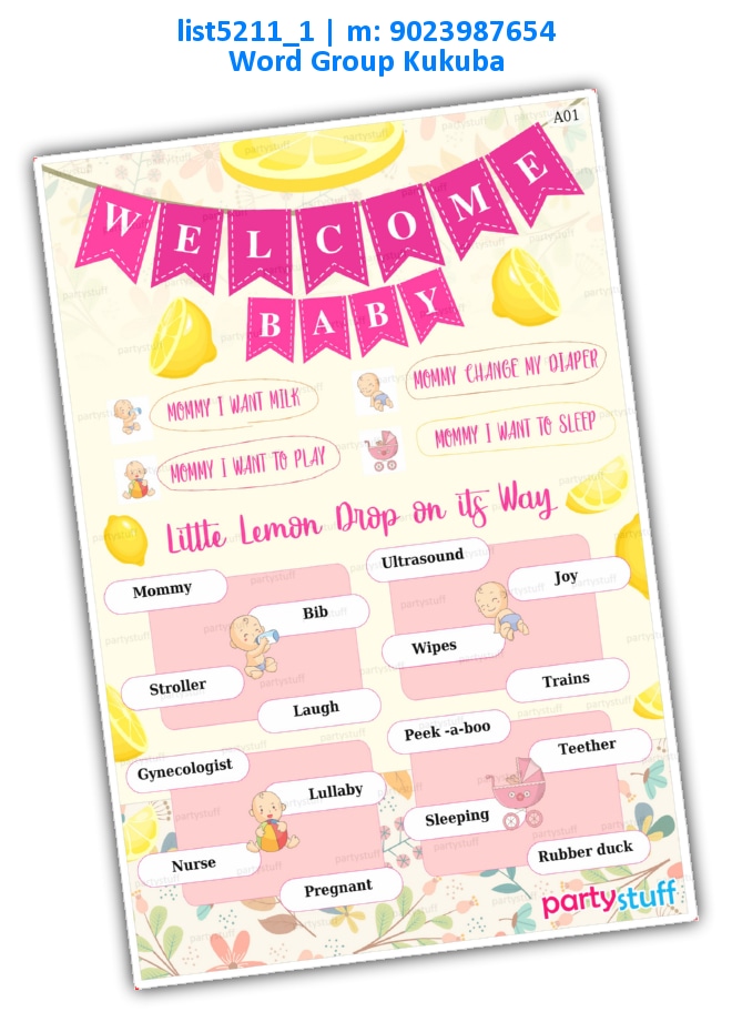 Baby Terms pink lemon list5211_1 Printed Tambola Housie