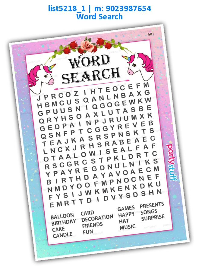 Unicorn word search | Printed list5218_1 Printed Paper Games