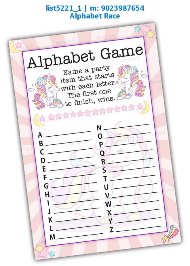 Unicorn alphabet race list5221_1 Printed Paper Games