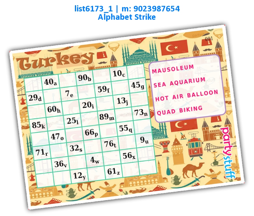 Turkey Alphabet Strike list6173_1 Printed Tambola Housie