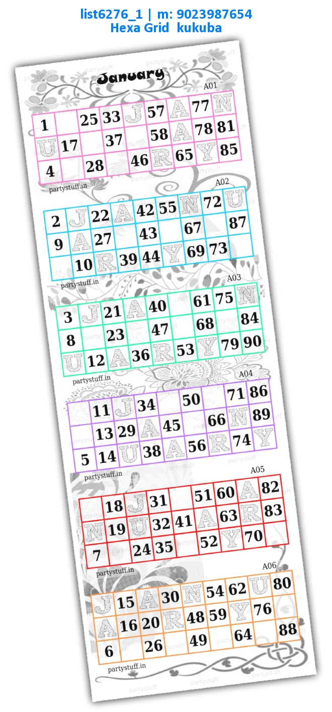 Month name hexa classic grid cards list6276_1 PDF Tambola Housie