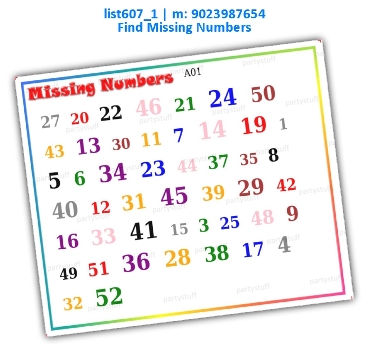 Missing Numbers kukuba 1 | Printed list607_1 Printed Paper Games