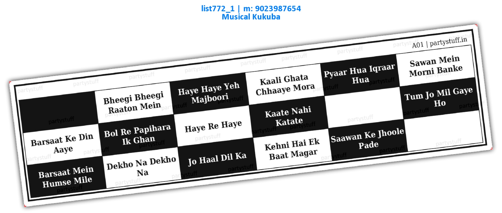 Rain Songs Bollywood list772_1 Printed Tambola Housie