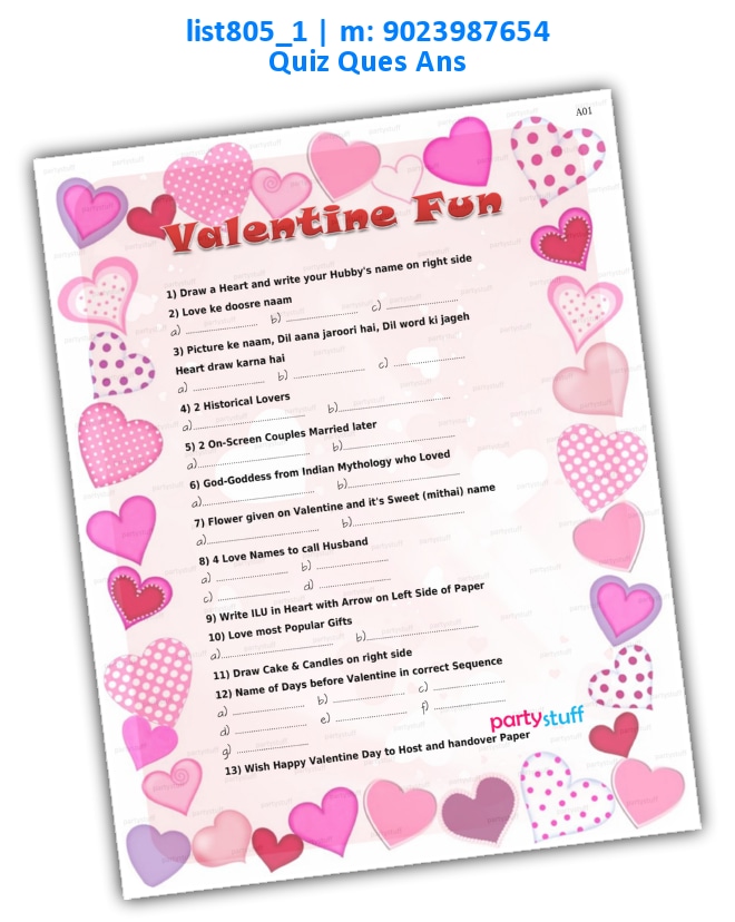 Valentine Quiz 1 | Printed list805_1 Printed Paper Games