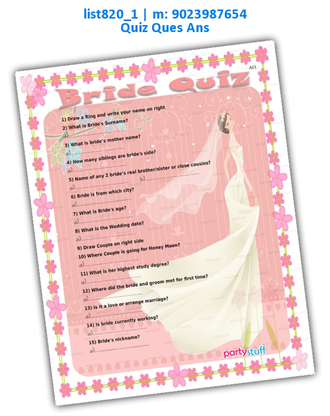 Marriage Bride Quiz | Printed list820_1 Printed Paper Games