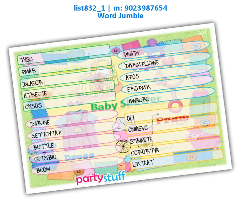 Baby Shower Word Jumble | Printed list832_1 Printed Paper Games