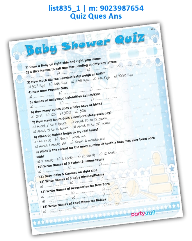 Baby Shower Quiz | Printed list835_1 Printed Paper Games