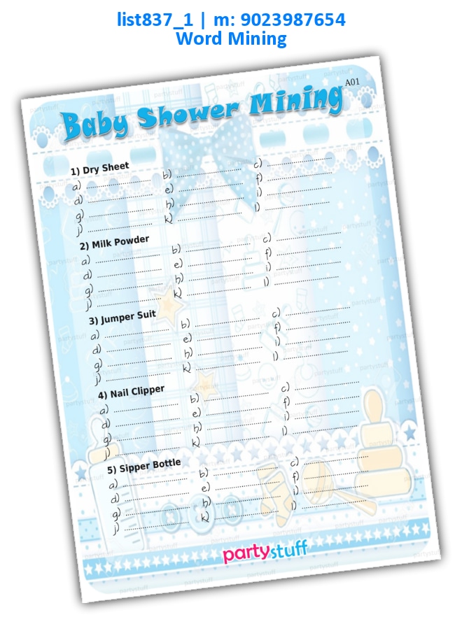 Baby Shower Word Mining list837_1 Printed Paper Games