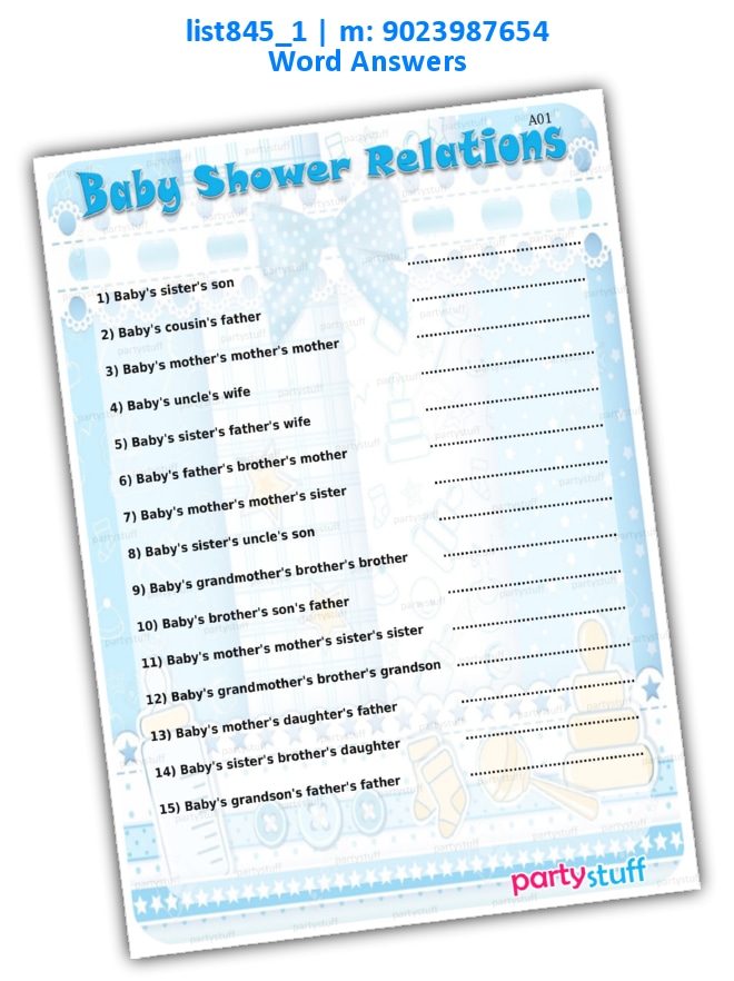 Baby Shower Relative Answer | Printed list845_1 Printed Paper Games
