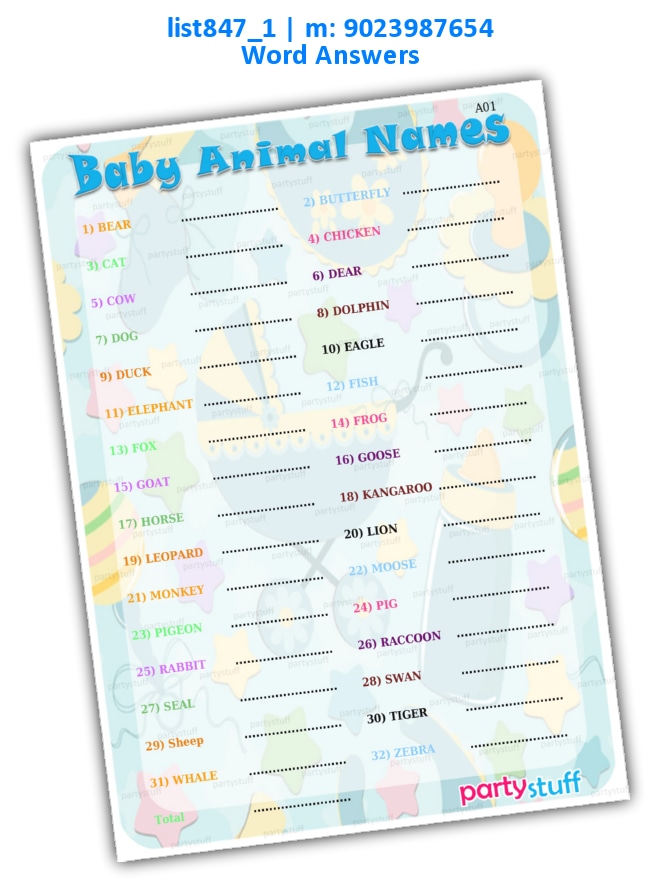 Animal Baby Names | Printed list847_1 Printed Paper Games