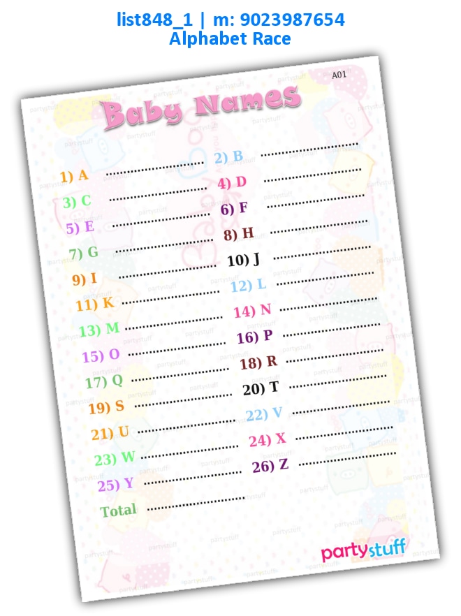 Baby Name Alphabets list848_1 Printed Paper Games