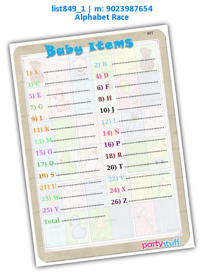 Baby Items Name list849_1 Printed Paper Games