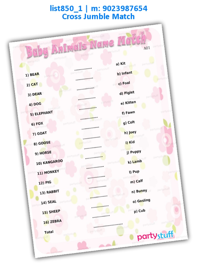 Animals Baby Name Match list850_1 Printed Paper Games