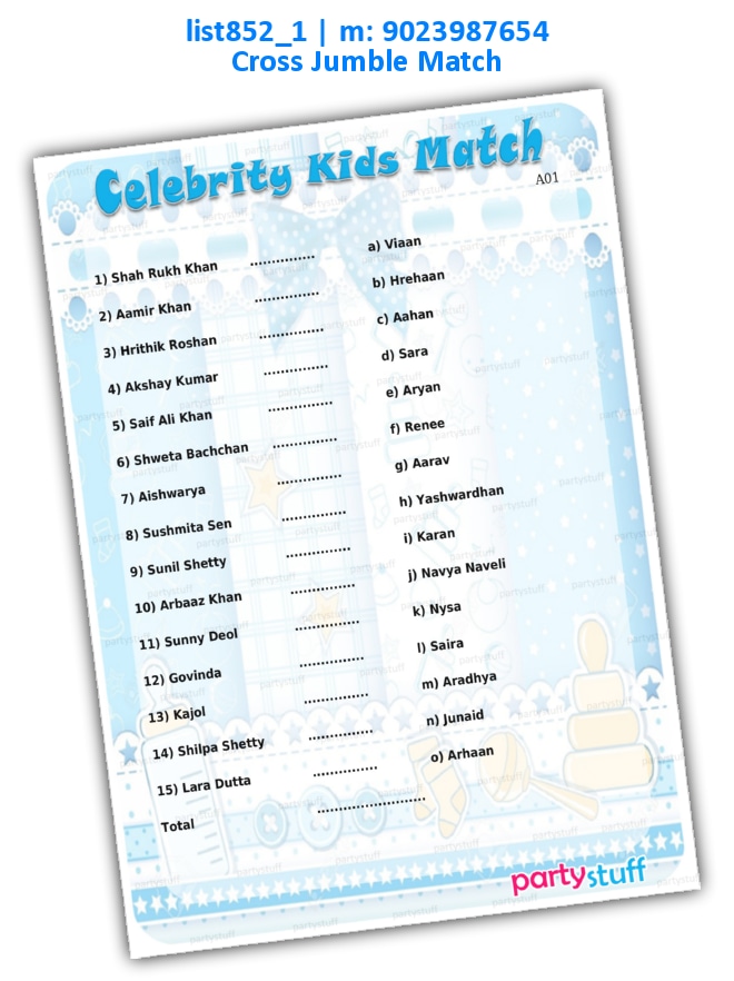 Celebrity Kids Match list852_1 Printed Paper Games