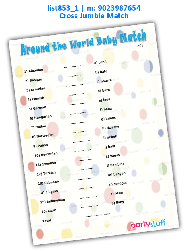 Around the World Baby Match list853_1 Printed Paper Games
