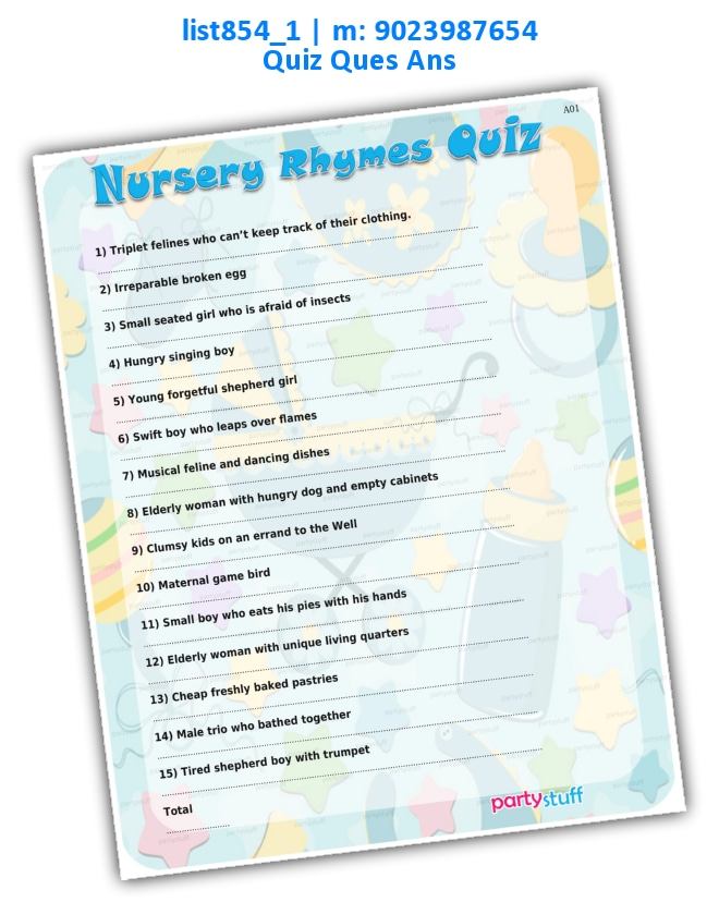 Nursery Rhymes Quiz list854_1 Printed Paper Games
