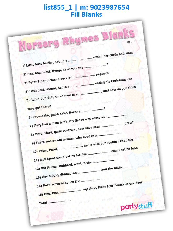 Nursery Rhymes Fill Blanks | Printed list855_1 Printed Paper Games