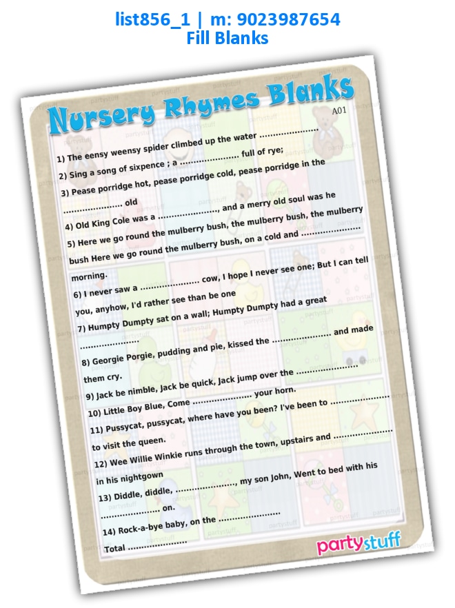 Nursery Rhymes Fill Blanks 2 | Printed list856_1 Printed Paper Games