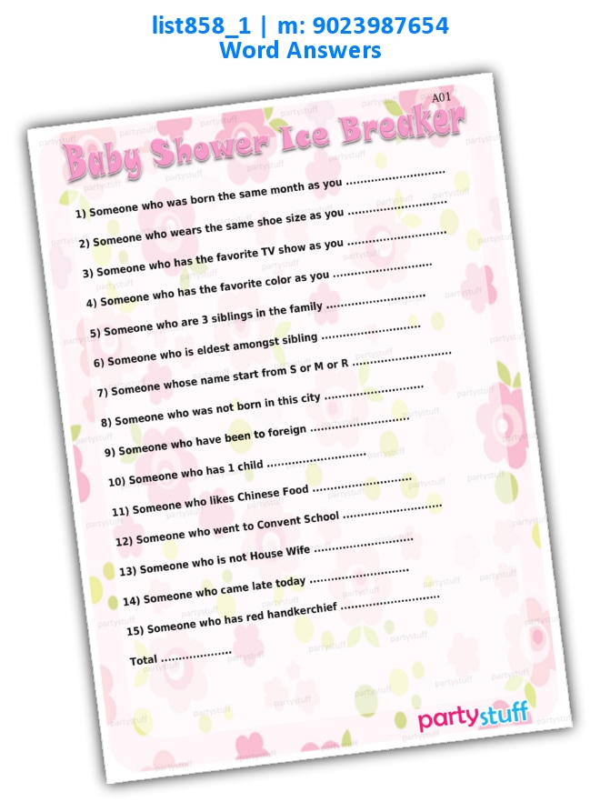 Baby Shower Ice Breaker list858_1 Printed Paper Games