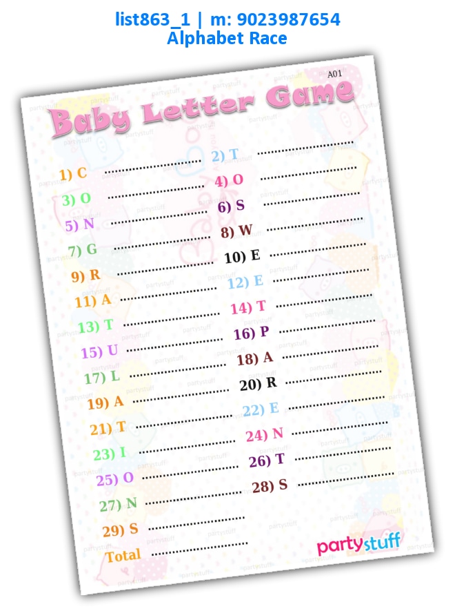 Word Letters Item Names | Printed list863_1 Printed Paper Games