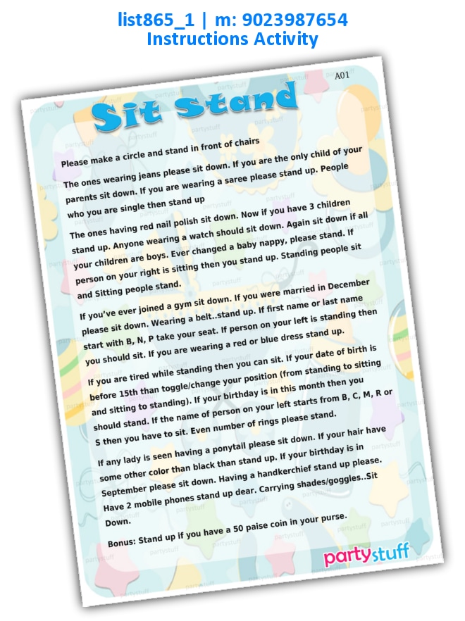 Sit Stand Instructions list865_1 Printed Activities