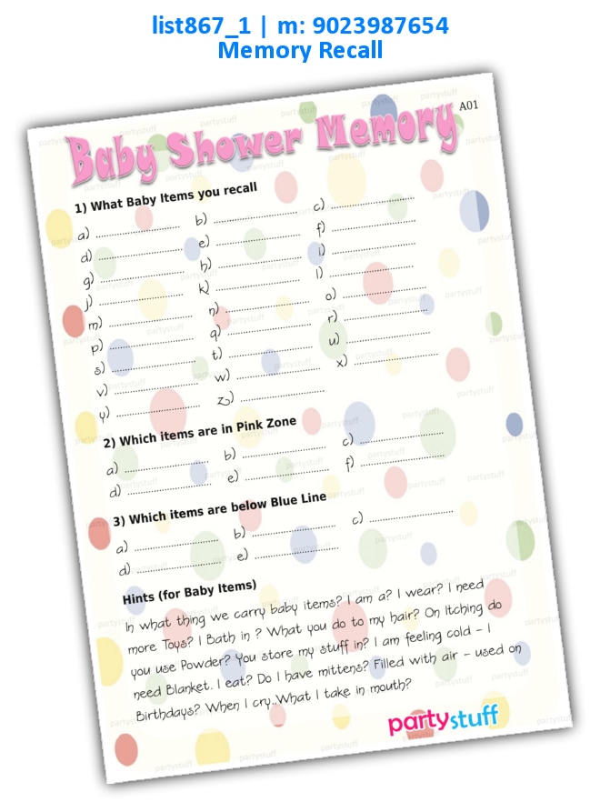 Baby Shower Memory Hints | Printed list867_1 Printed Paper Games