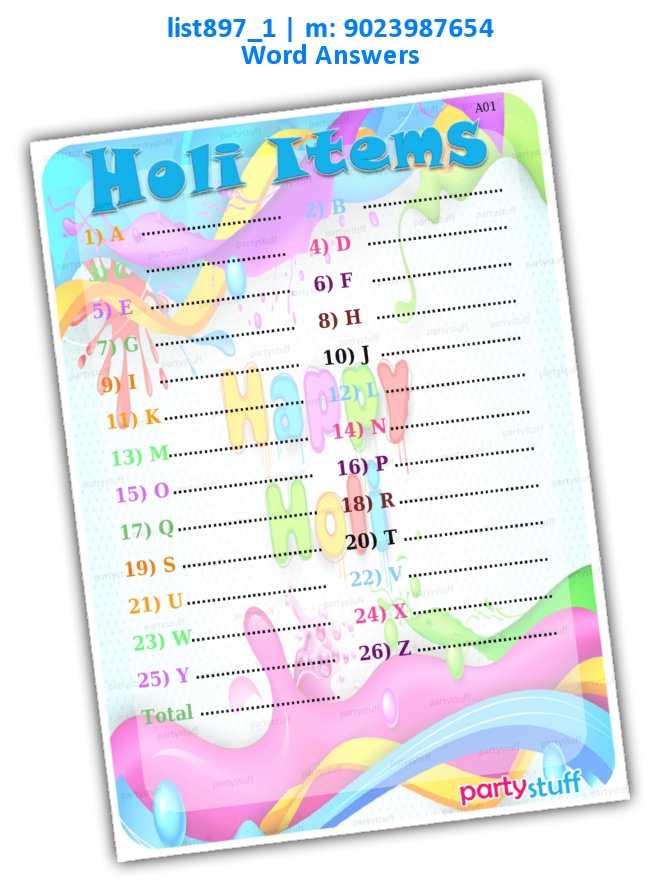 Holi Alphabet Item Names list897_1 Printed Paper Games