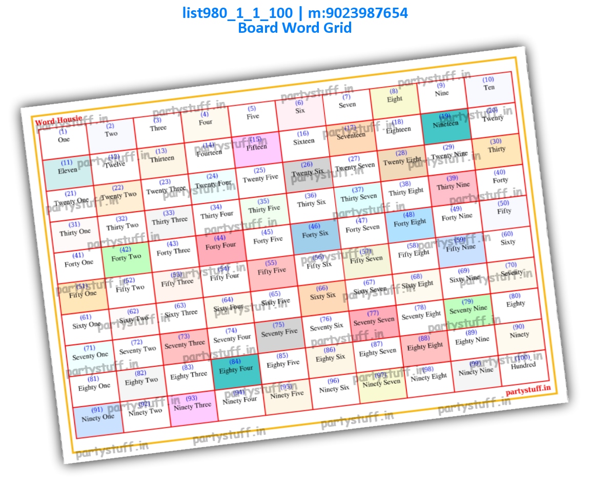 Plain Word Grid Tambola Board | PDF list980_1_1_100 PDF Tambola Housie