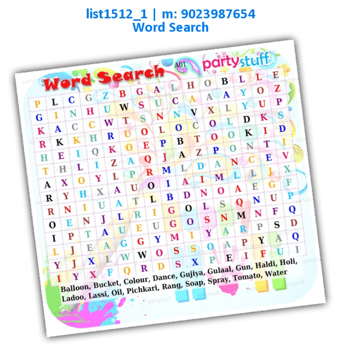 Holi Word Search | Printed list1512_1 Printed Paper Games