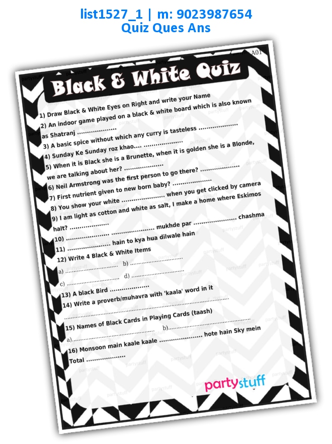Black White Quiz | Printed list1527_1 Printed Paper Games