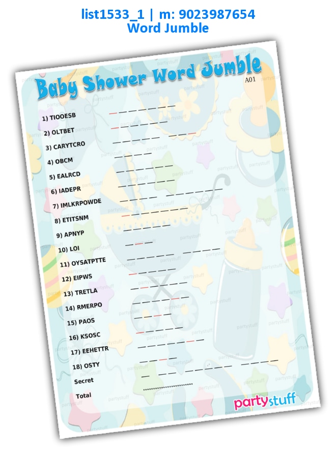 Baby Shower Word Jumble Secret list1533_1 Printed Paper Games